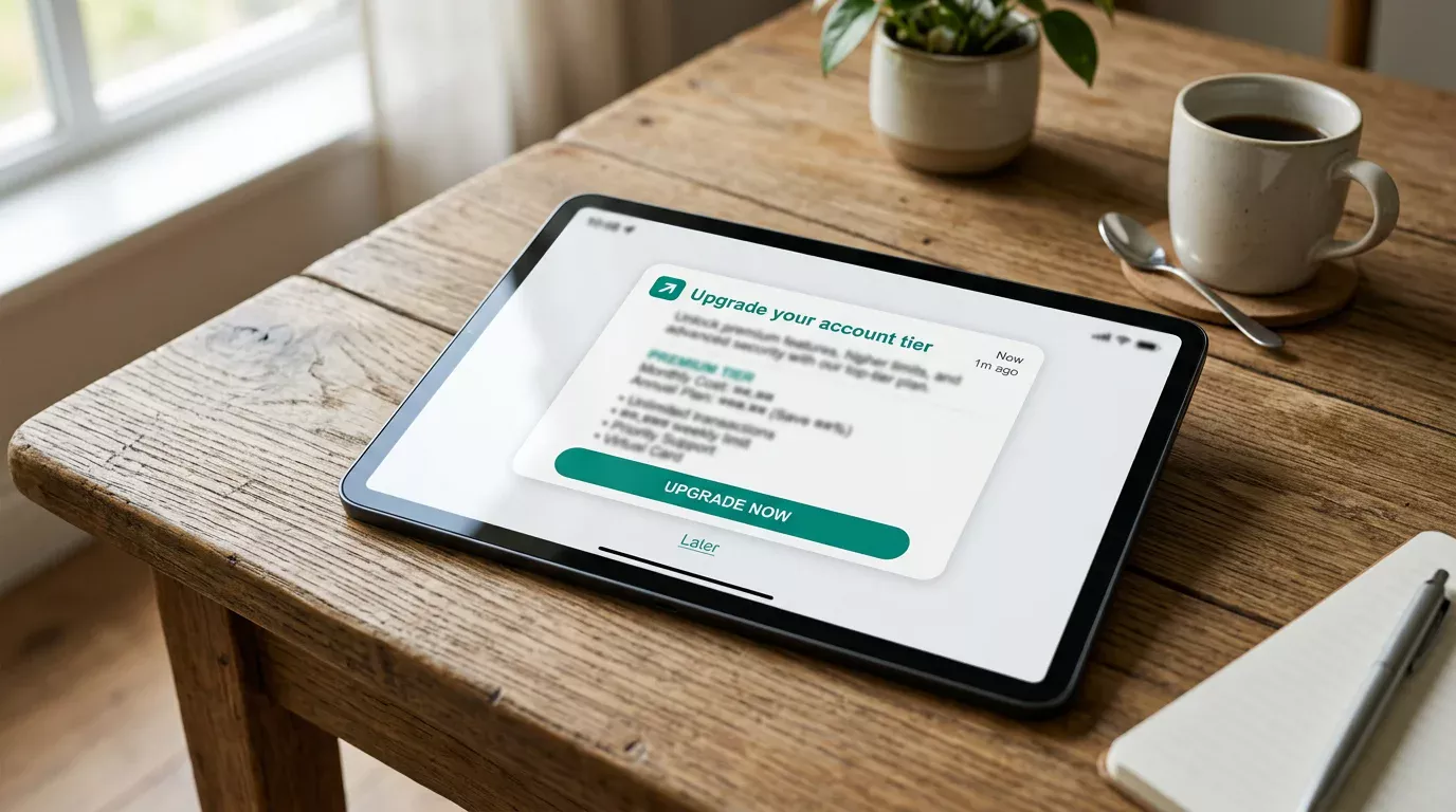 Payz wallet notification prompting the user to upgrade their account tier with a pricing summary on a tablet