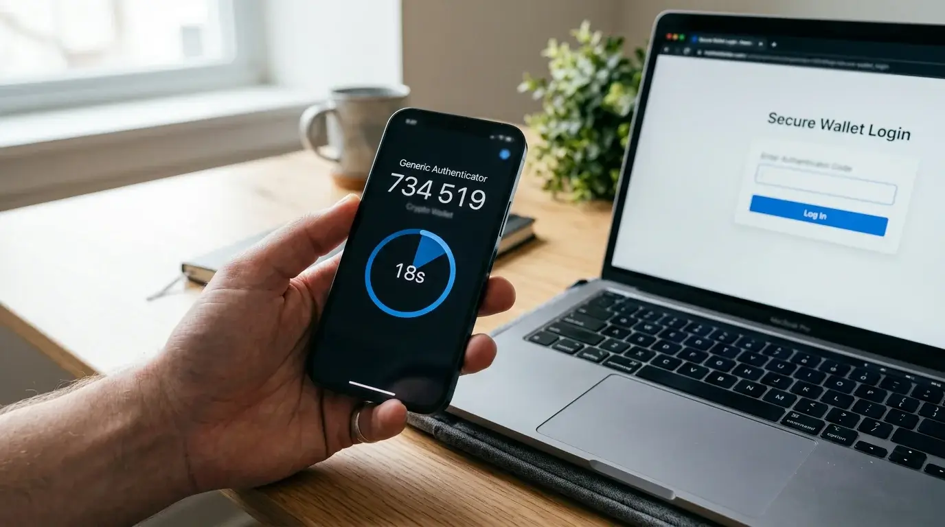 Hand holding a smartphone showing a generic authenticator app code beside a laptop with a Payz wallet login screen