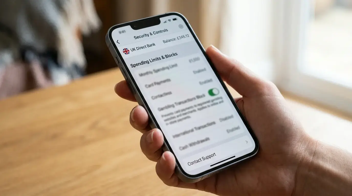Smartphone displaying a UK banking app settings screen with a gambling block toggle in the on position