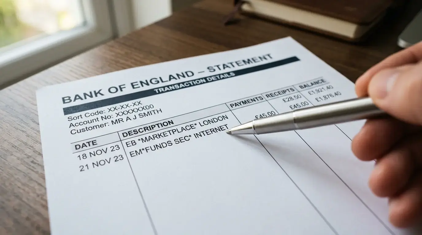 Close-up of a printed UK bank statement with two merchant descriptor lines, one identifying an e-money entity, with a pen pointing at it