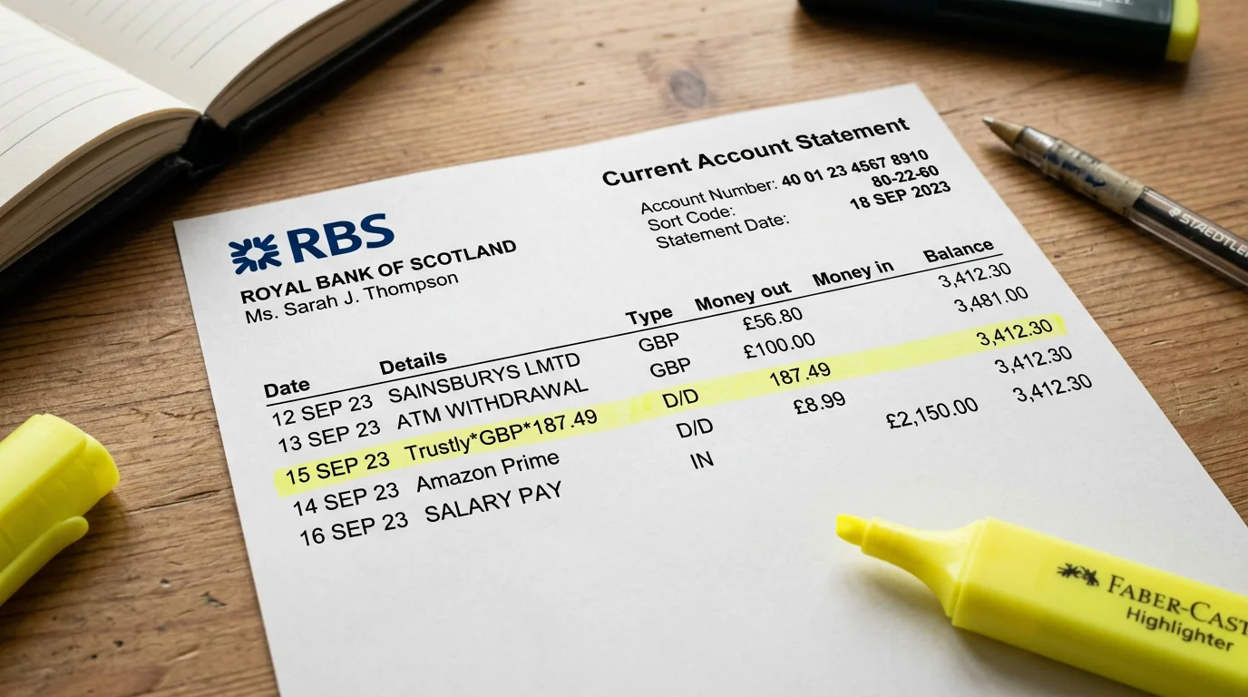 Printed UK bank statement on a desk with a Trustly-style descriptor row highlighted by a yellow marker