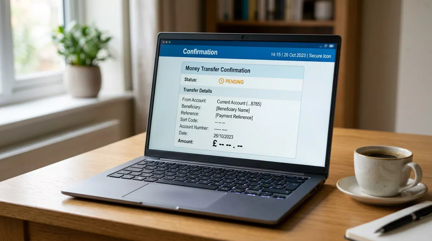 Laptop displaying a UK online banking transfer screen with the recipient set to a Payz wallet account
