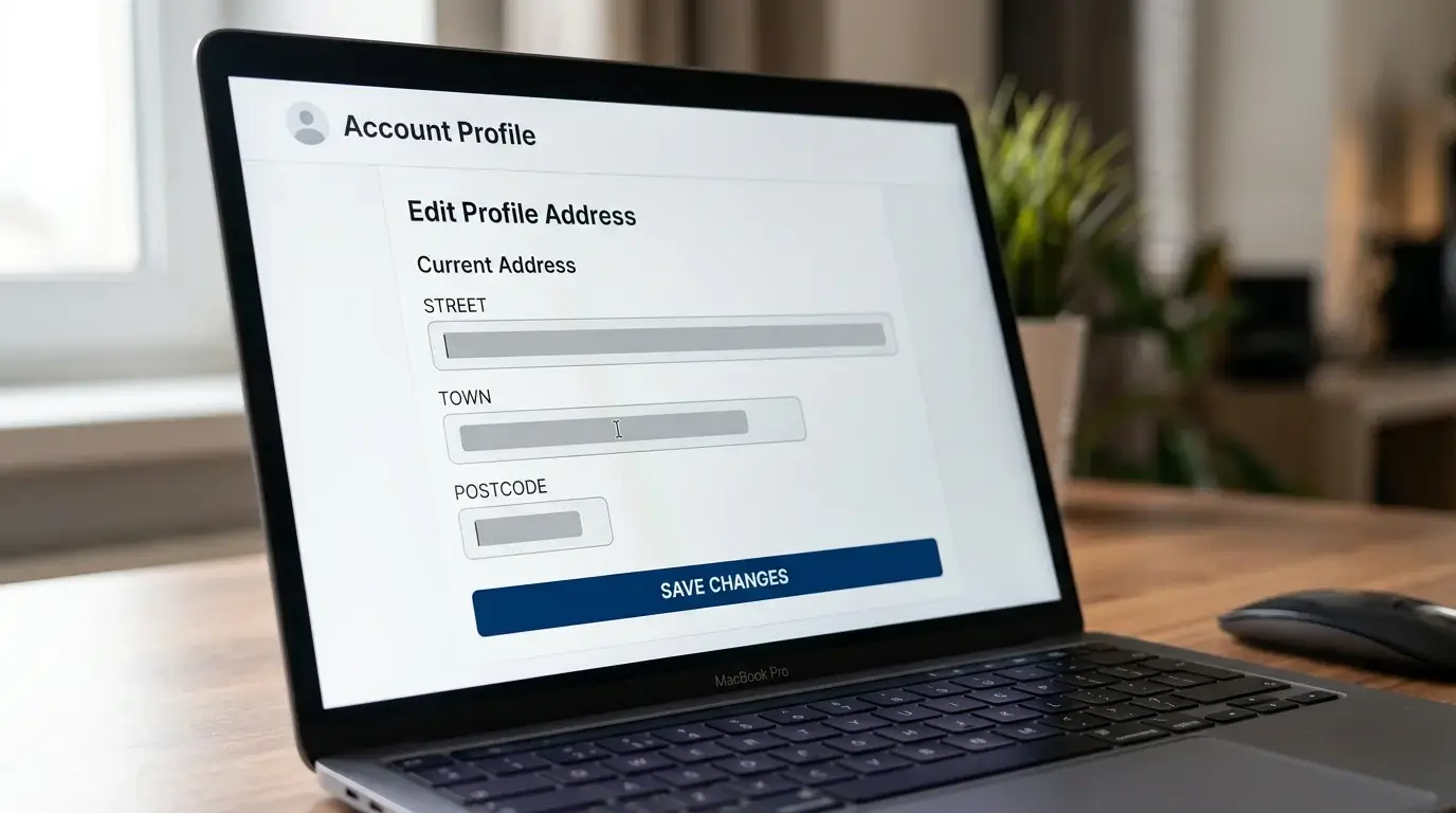 Smartphone displaying a UK casino account screen with an address confirmation field being updated by the user