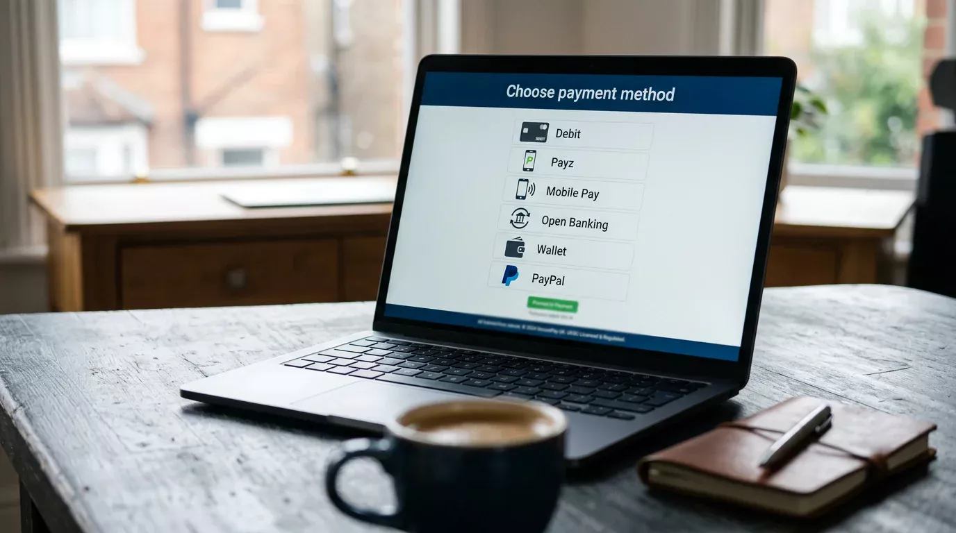 Close-up of a UK online casino cashier interface listing payment methods including Payz and debit cards