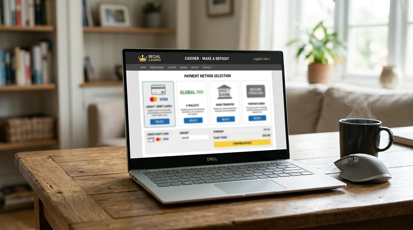 Laptop screen showing a UK casino cashier with a payment method selection panel listing several wallet and card options side by side