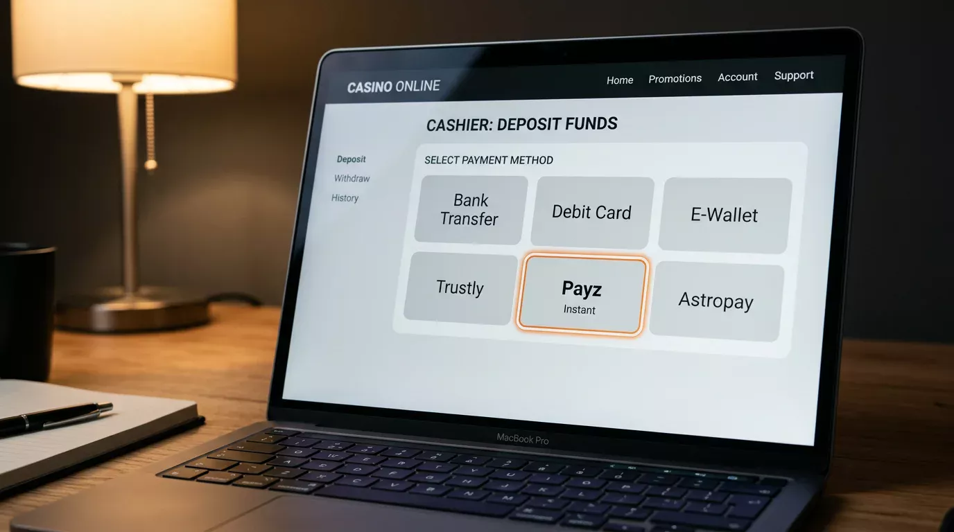 Online casino cashier interface on a laptop showing Payz listed as a payment method beside other wallet options