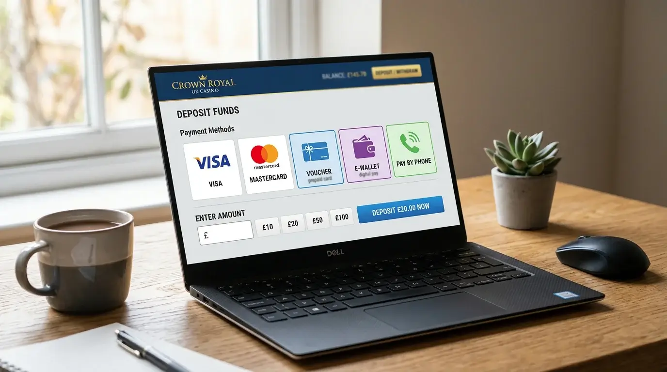Laptop screen showing a UK casino cashier with a payment icon row including a voucher logo and an e-wallet logo side by side