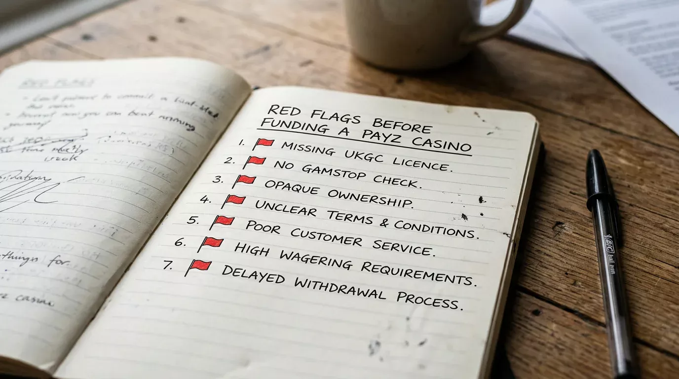 Notebook checklist of red flags to spot before funding a Payz casino account