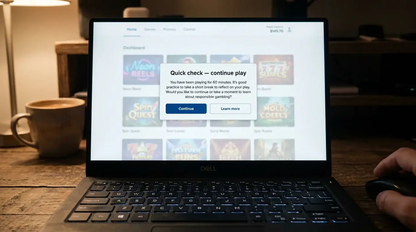 Laptop showing a brief vulnerability notice dialog inside a UK casino account after a deposit threshold is reached