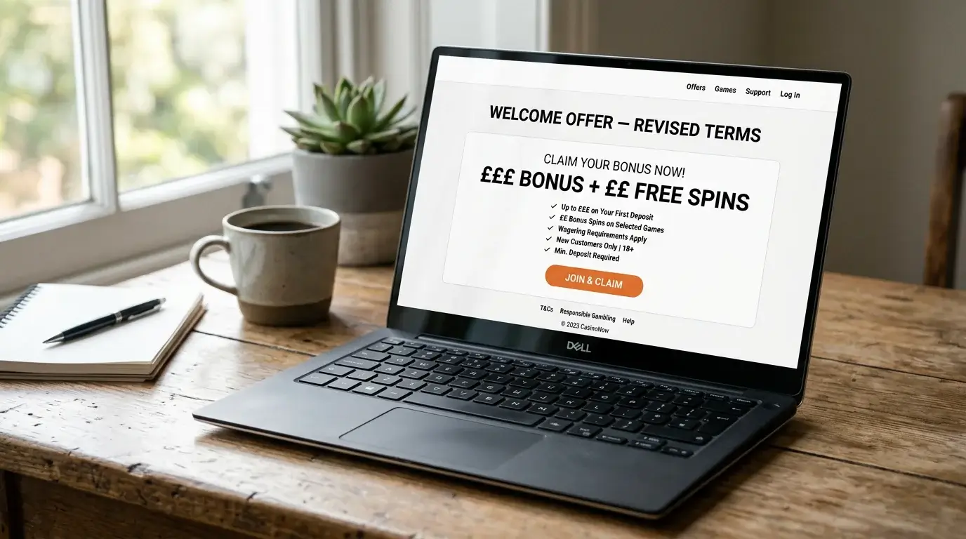 Laptop screen showing a UK online casino welcome bonus banner with adjusted headline value and tightened wagering terms