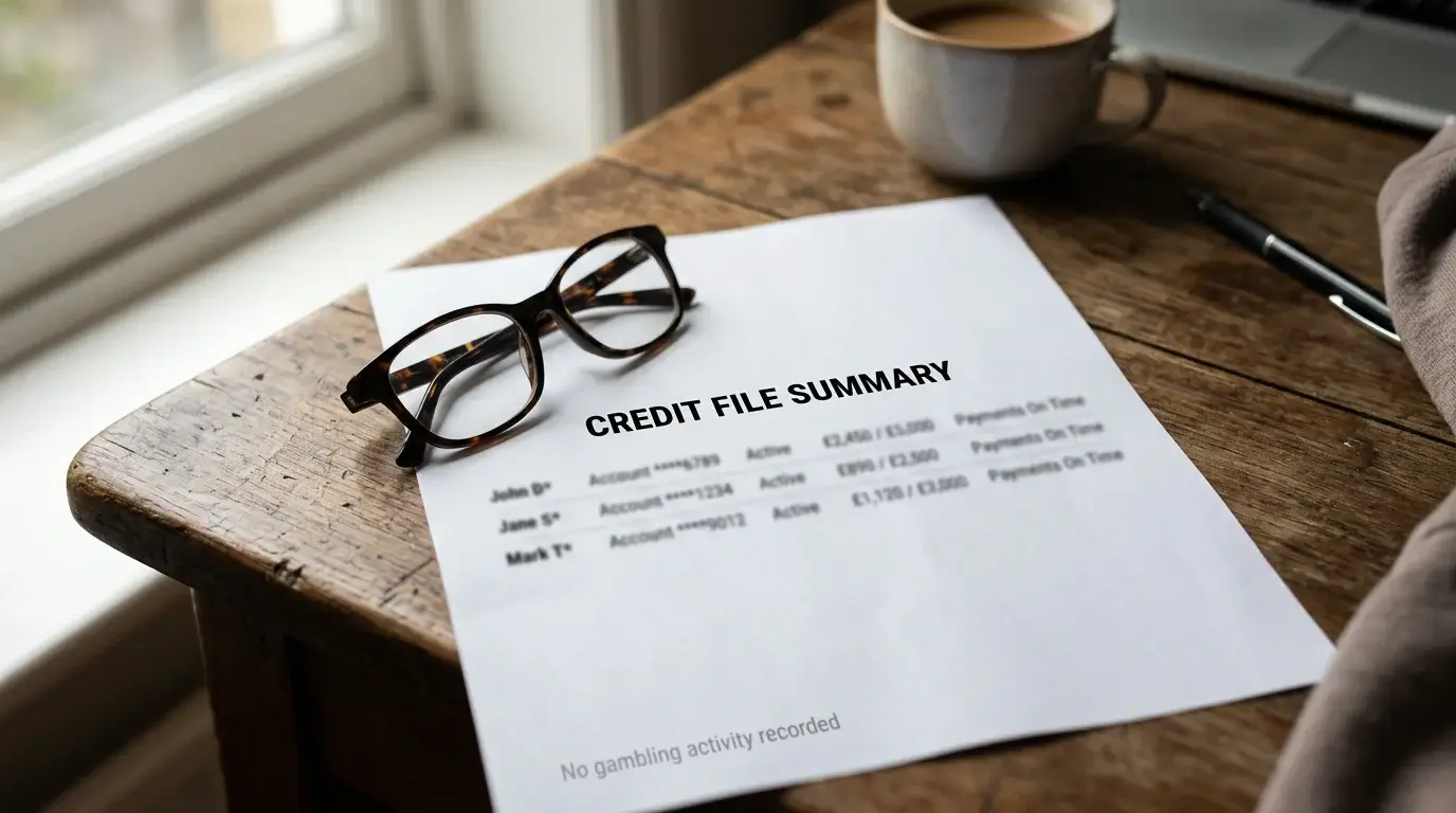 Office desk with a printed credit report and a laptop showing a credit-file summary screen with no gambling-related markers