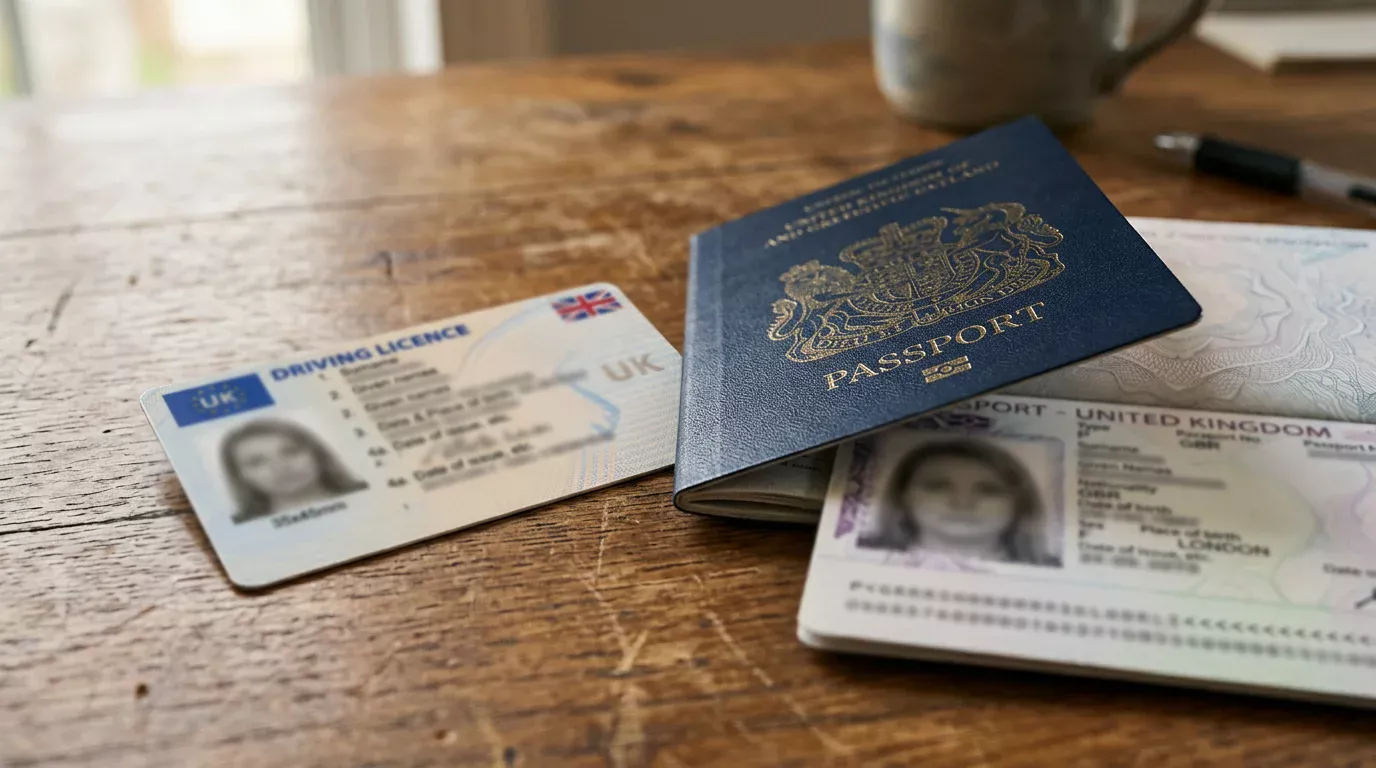 UK driving licence and passport laid flat on a desk beside a smartphone open to an identity verification portal