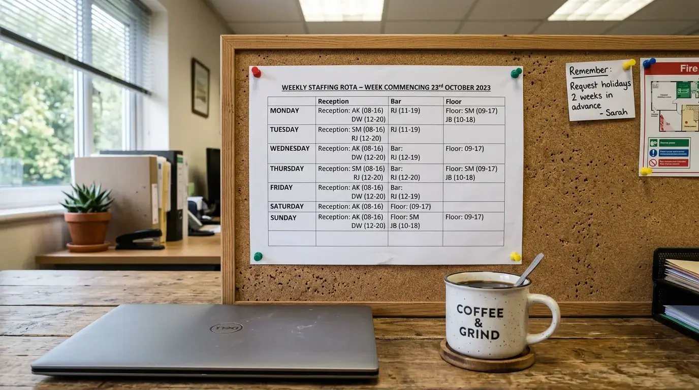 A printed weekly rota pinned to a corkboard in a tidy back office, suggesting different operator weekend staffing patterns