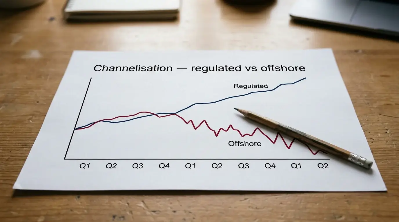 Office monitor showing a channelisation chart comparing UK regulated operators against offshore market share over time