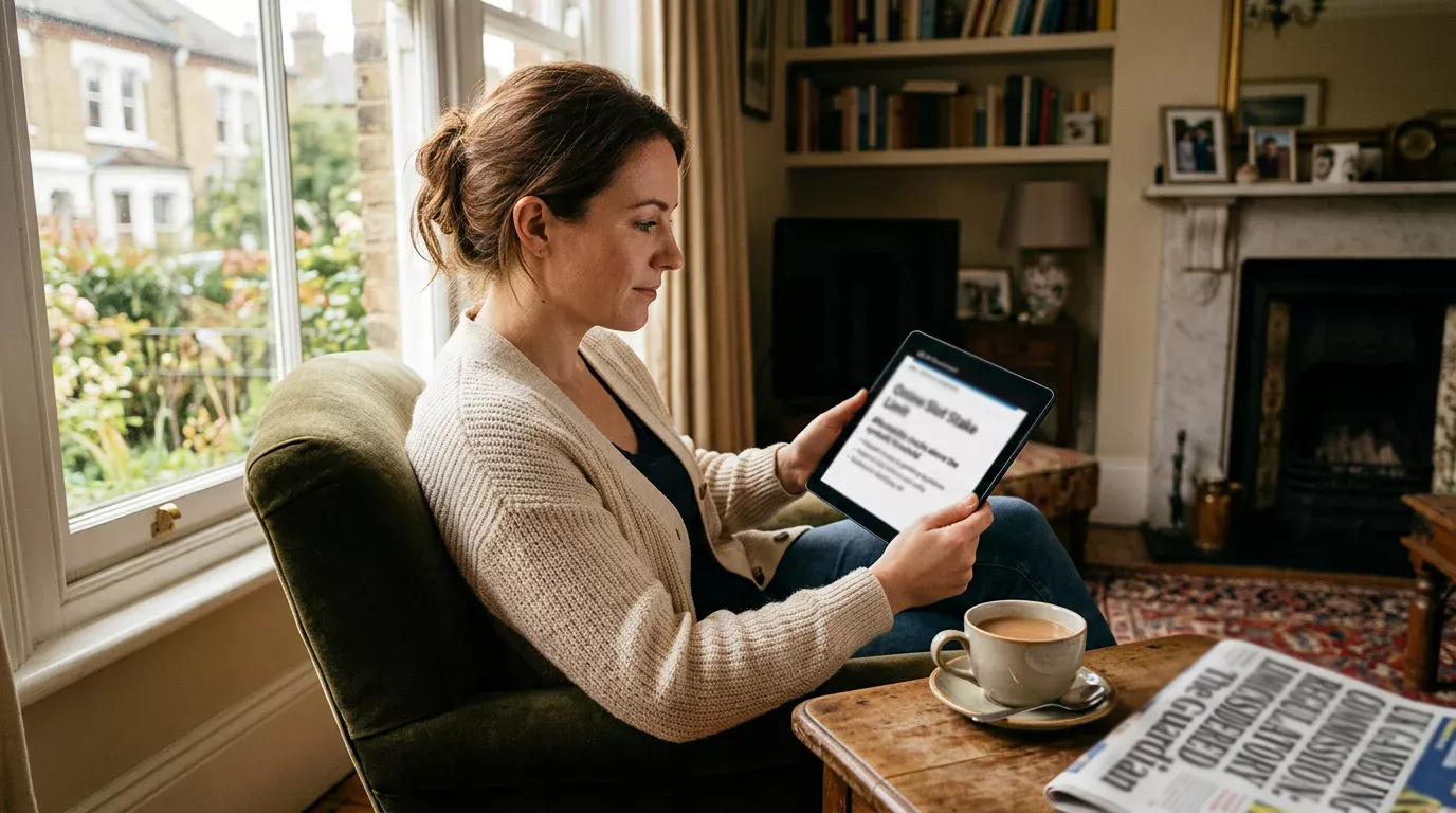 British player reviewing UKGC slot stake notice and vulnerability check guidance on a tablet at home