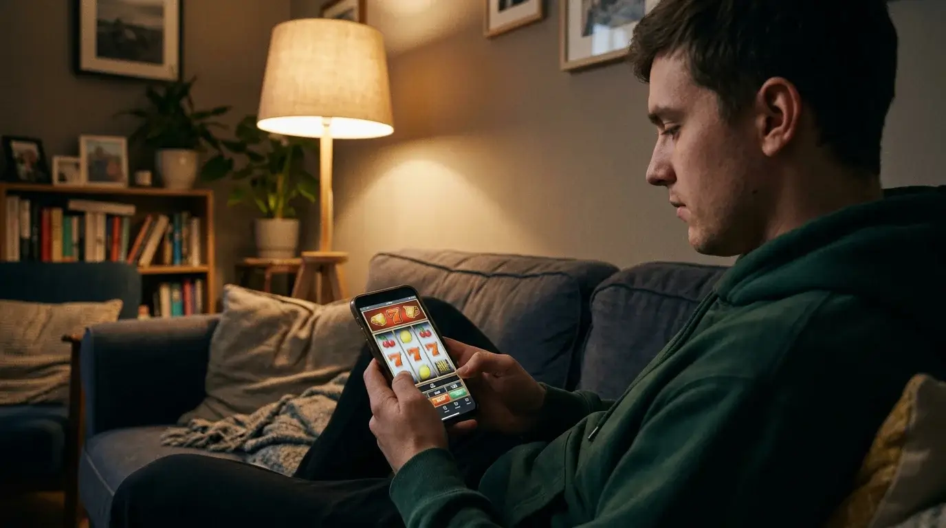 A young adult UK player in their early twenties holding a smartphone with an online slot game open on the screen