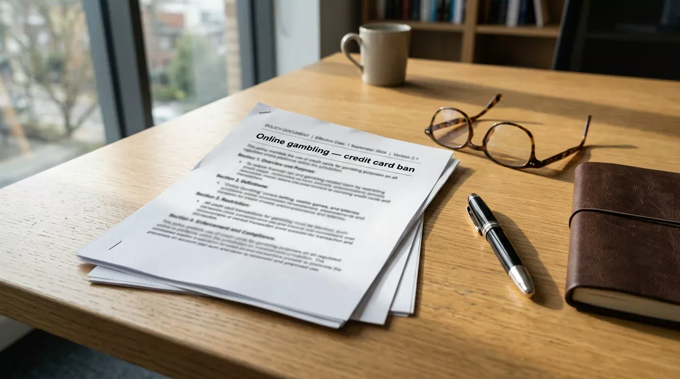 Printed UK Gambling Commission policy briefing on the credit card gambling ban lying on a desk under soft daylight