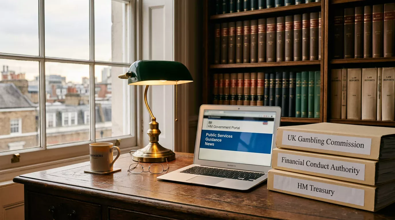 UKGC and FCA regulatory documents stacked next to an open laptop showing a UK casino cashier screen