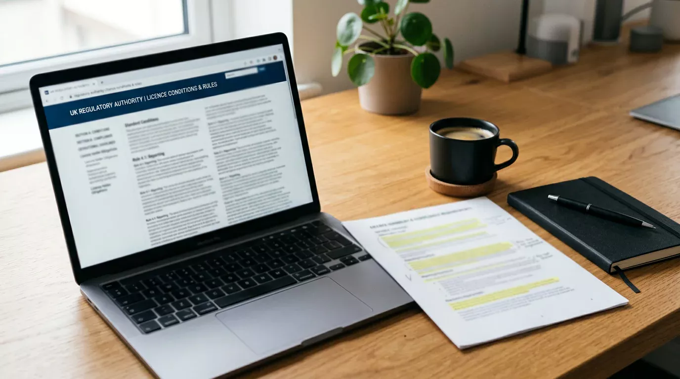 Open laptop displaying the UK Gambling Commission licence conditions page with a coffee cup beside it on a desk