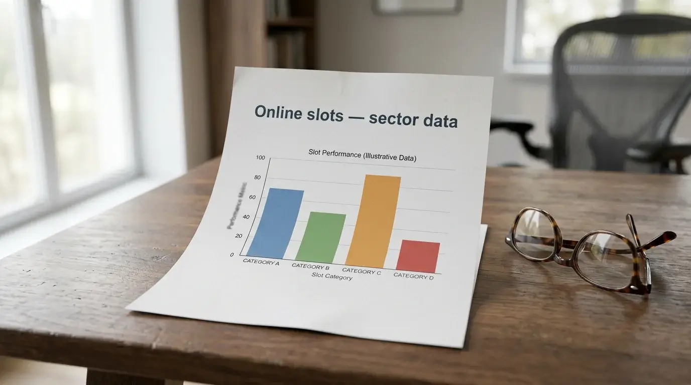 Laptop displaying a UK Gambling Commission quarterly online slots data summary on a clean office desk