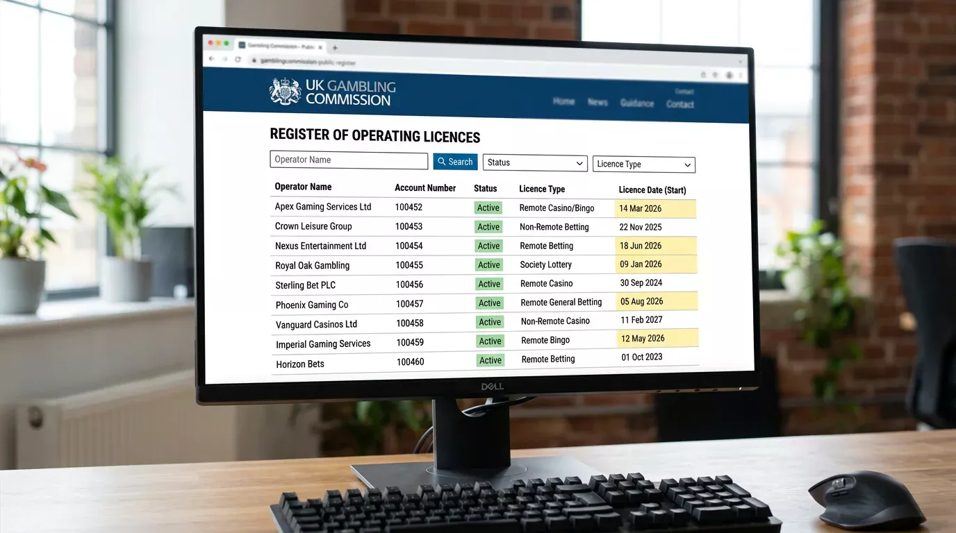 UK Gambling Commission public register webpage open on a desktop showing recent operating licence grants