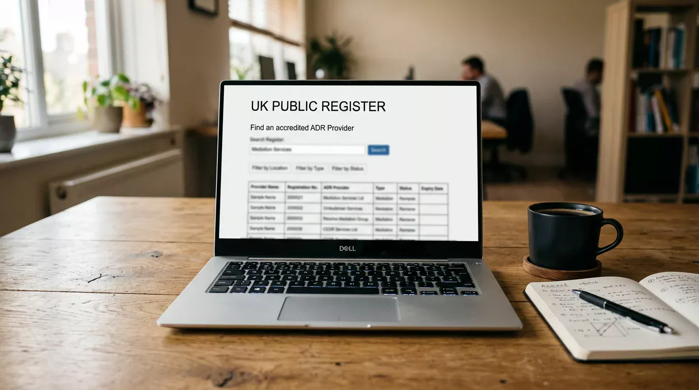 Laptop displaying the UK Gambling Commission public register with an operator entry and ADR partner details on screen