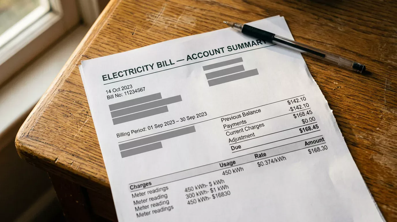 Recent utility bill photographed flat on a plain surface with all four corners visible under even lighting