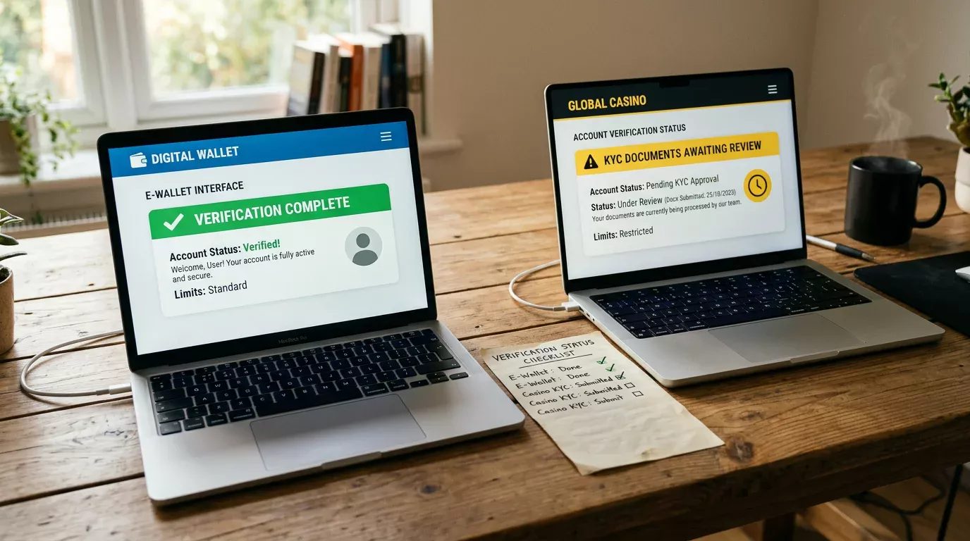 Two open browser tabs side by side: one with Payz verification complete, the other with casino KYC awaiting documents