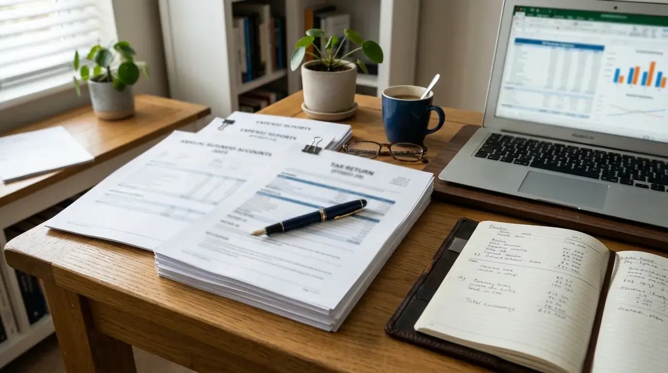 Stack of business accounts and tax return paperwork on a desk beside a laptop, suggesting an enhanced source-of-funds review