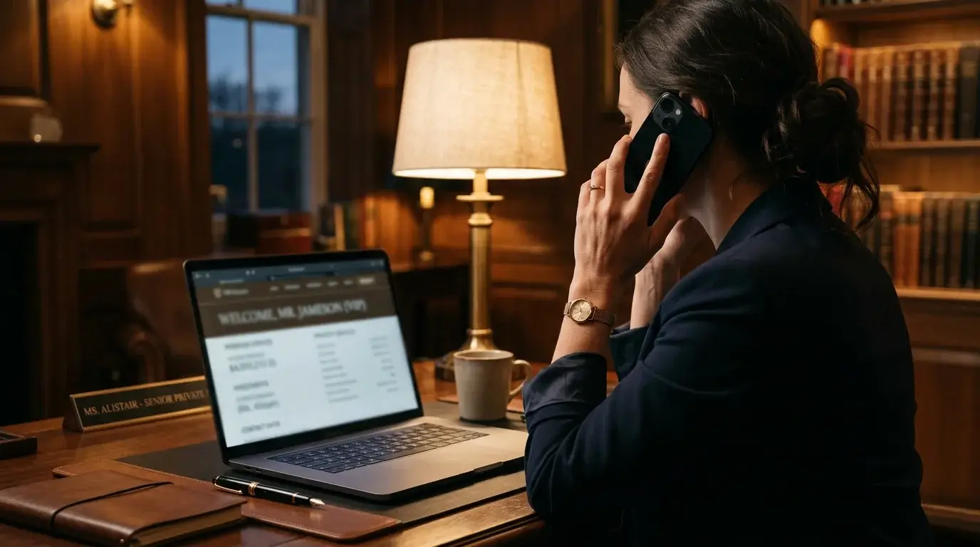 Person taking a discreet phone call at a desk with a laptop showing a VIP account page, suggesting a concierge relationship manager conversation