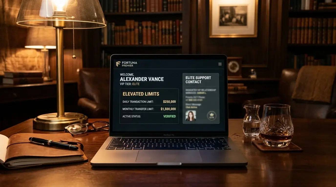Laptop in a quiet private study showing an e-wallet VIP tier dashboard with elevated limits and dedicated support panel visible