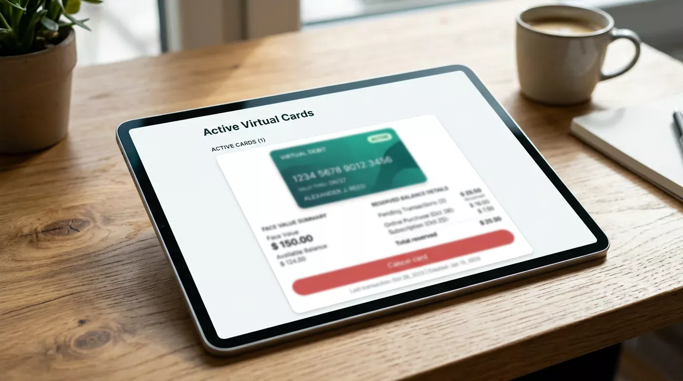 Payz wallet active virtual cards panel with a cancel option visible and reserved balance details displayed