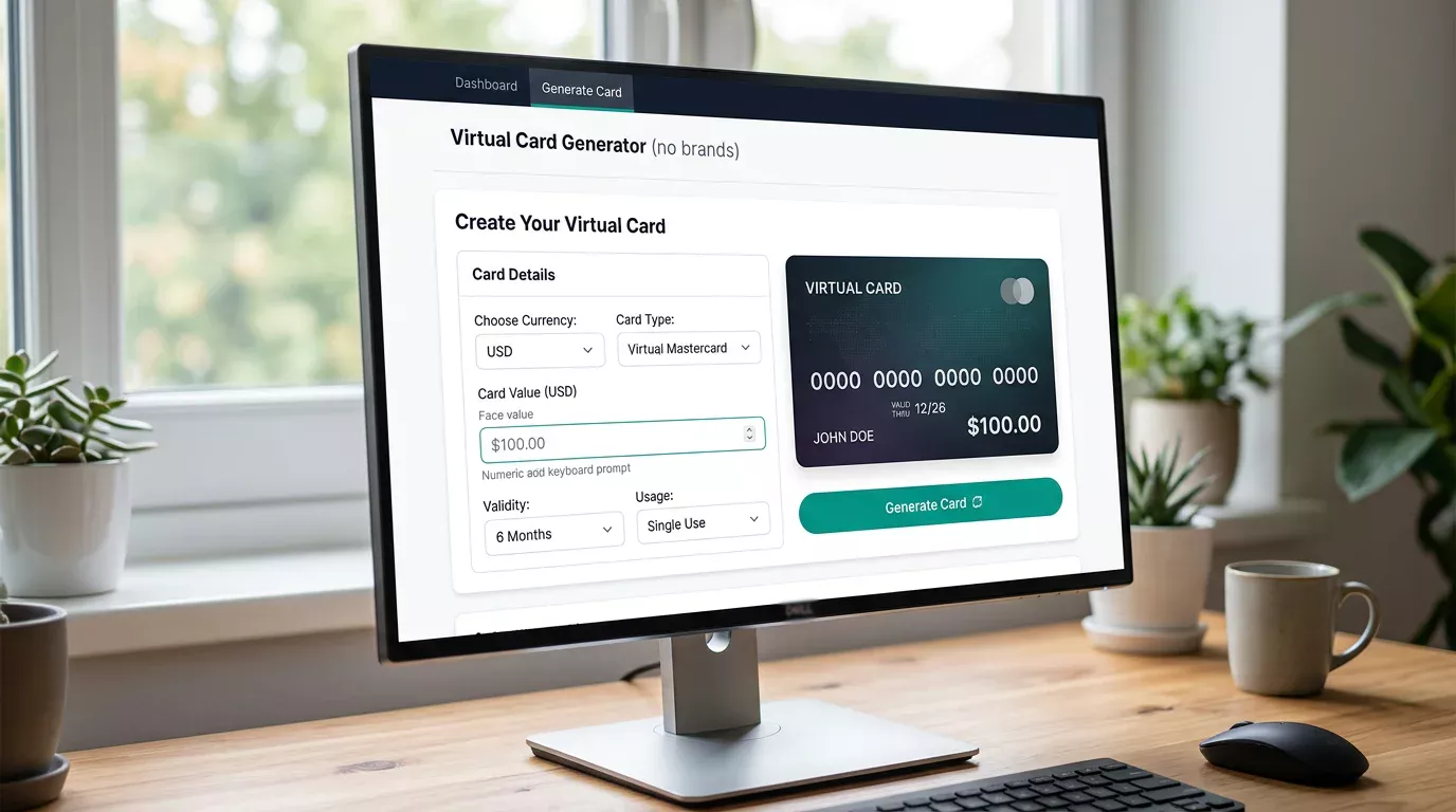 Payz wallet eco-Virtualcard generator screen showing the face value field, card details preview and confirm button
