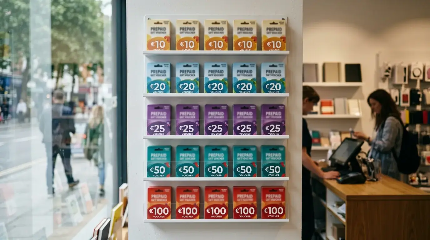 A display rack of prepaid voucher denominations on a shop wall showing fixed-amount options without specific currency text