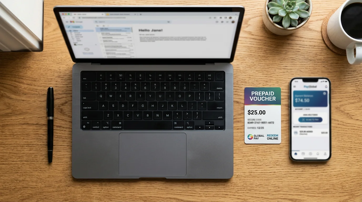 Top-down view of a desk with a prepaid voucher and a smartphone displaying an e-wallet, neatly placed beside a laptop