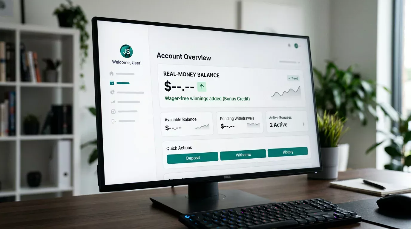 Casino account balance screen showing wager-free winnings landed directly into the real-money balance after a spin session