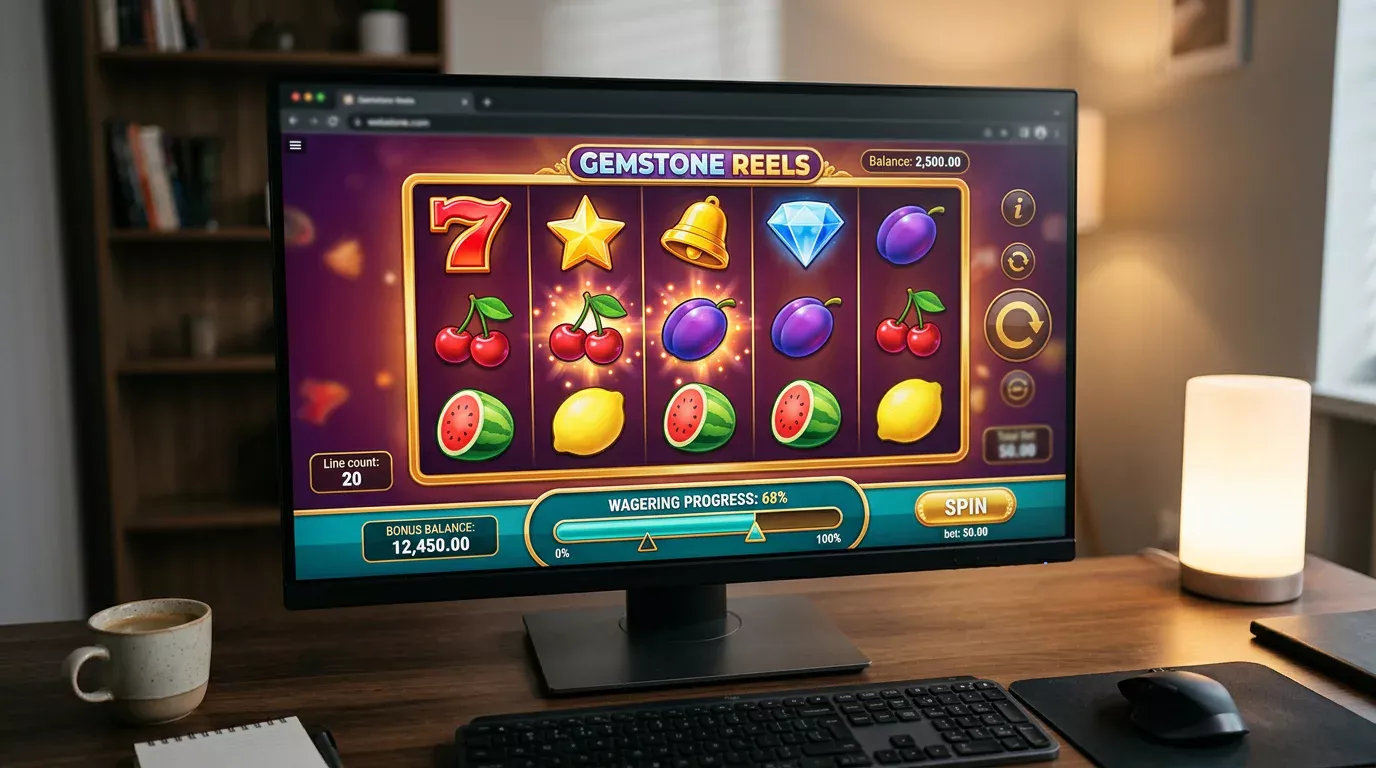 Online slot screen with a bonus balance counter and active wagering progress bar visible at the bottom