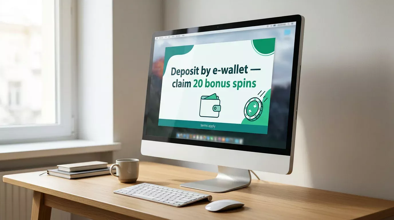 Casino promotion banner offering bonus spins for depositing by e-wallet, displayed on a desktop monitor