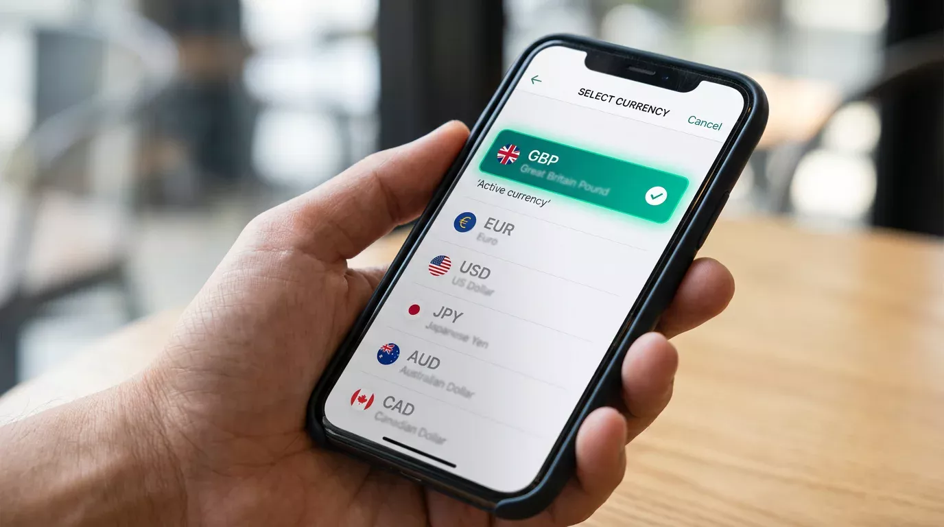Payz wallet currency selection interface with GBP highlighted as the active default for UK casino play