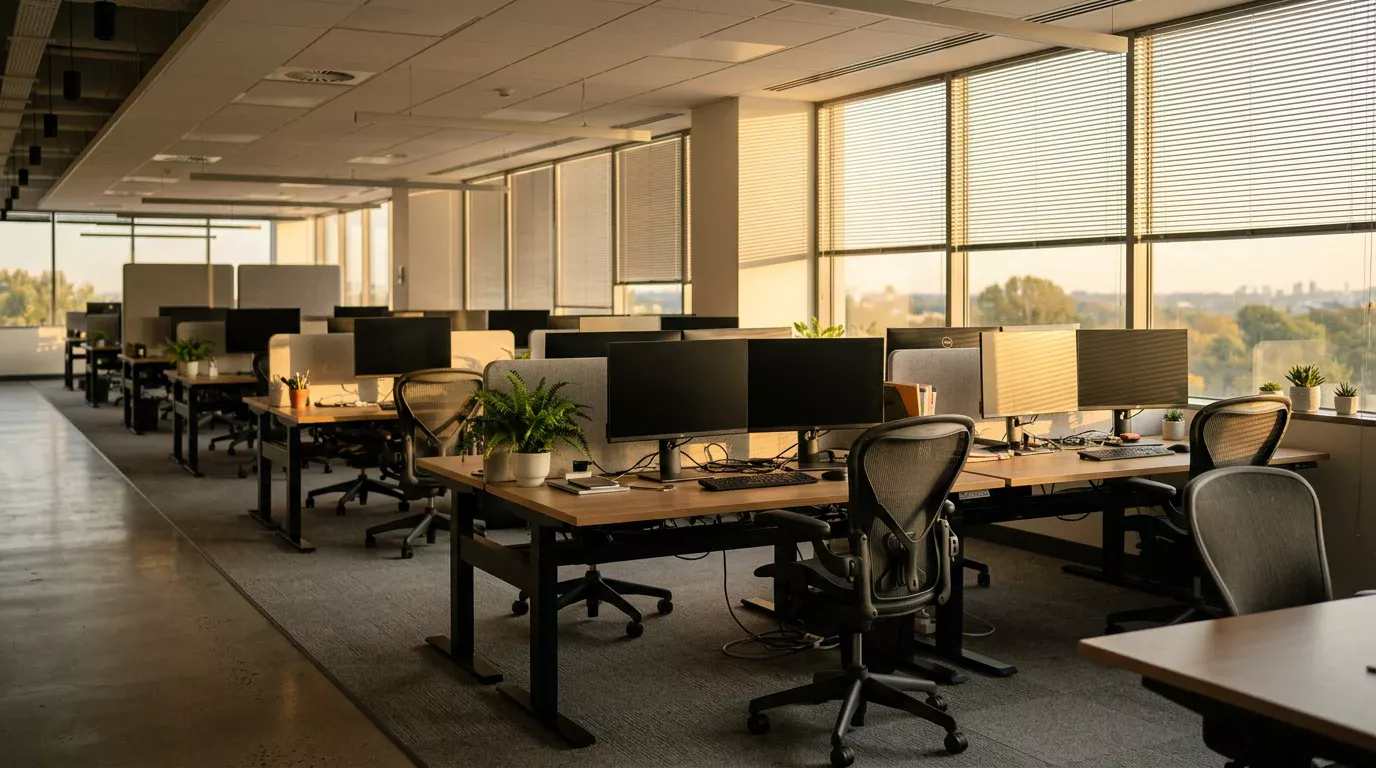 Quiet weekend cashier office with empty desks and a single monitor showing a withdrawal queue dashboard