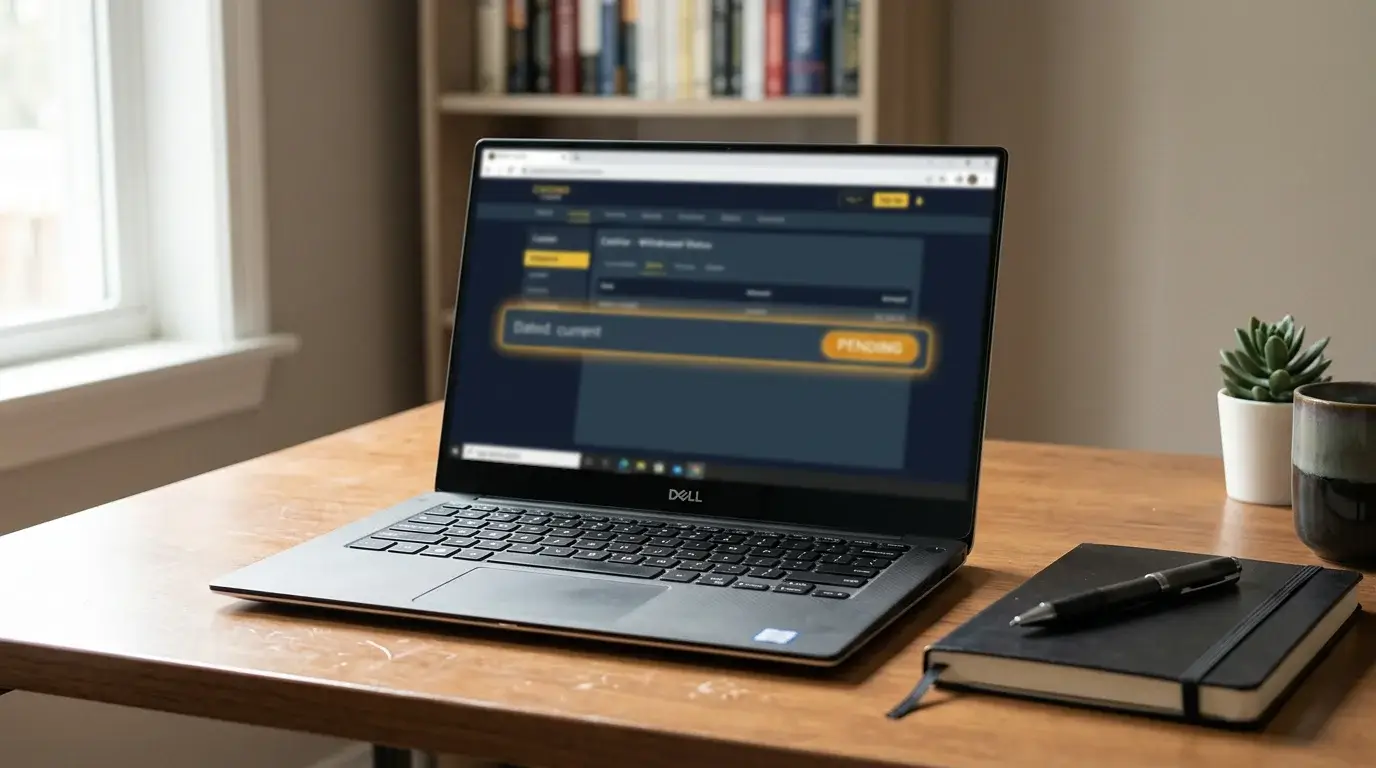Laptop displaying a casino account withdrawal page with a pending status indicator highlighted in the cashier panel