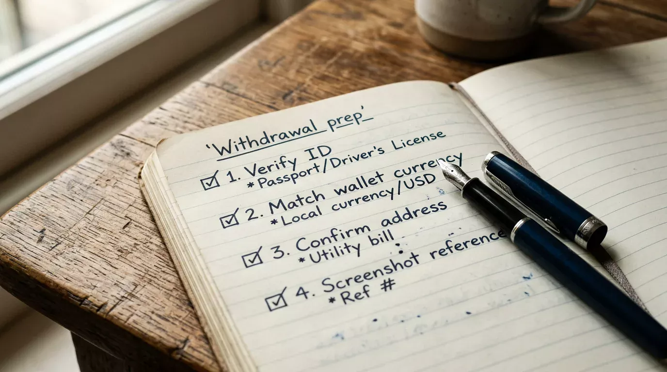 Open notebook with a handwritten withdrawal preparation checklist beside a coffee cup and a laptop on a wooden desk